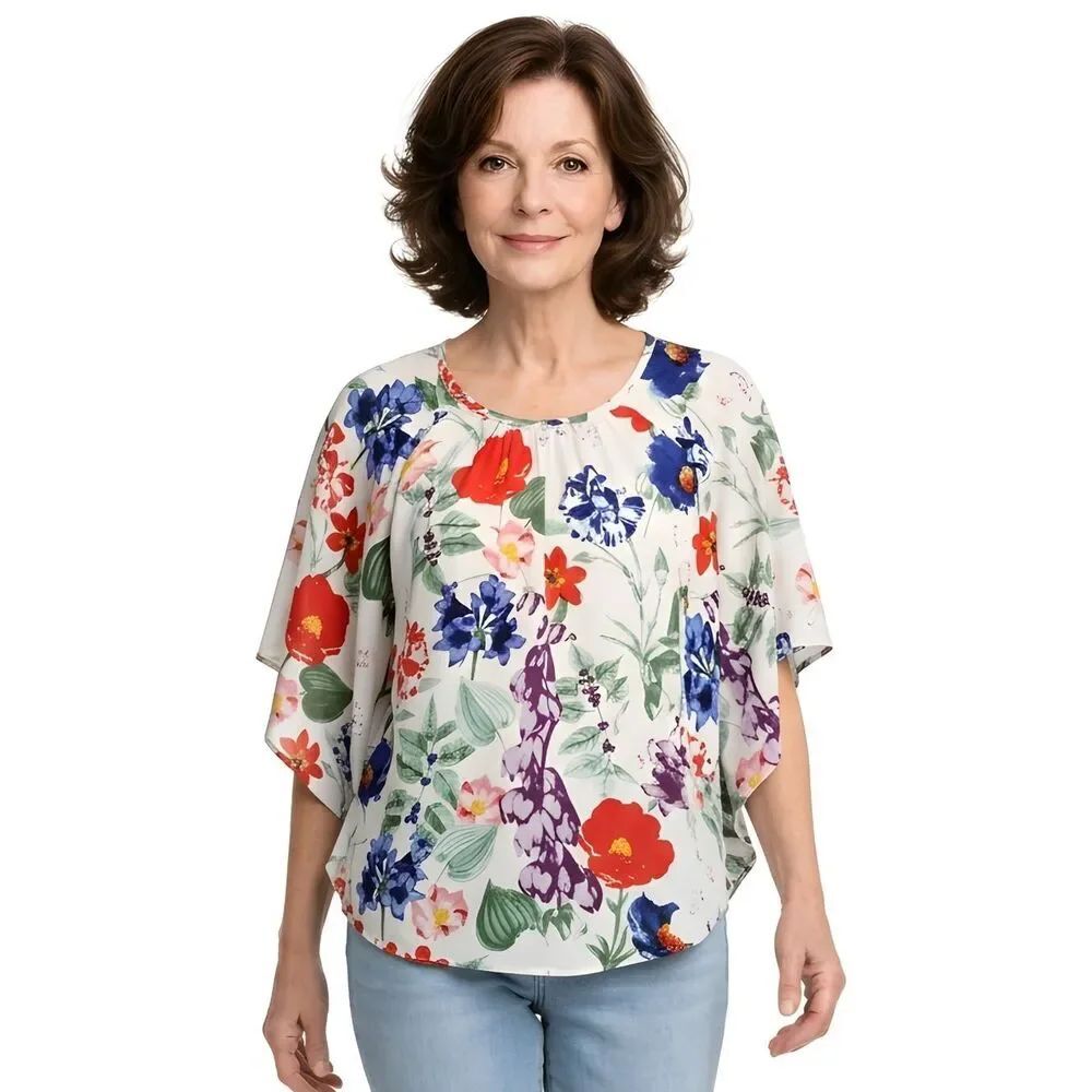 Chelsea & Theodore Bright Floral Flutter Sleeve Scoop Neck Blouse